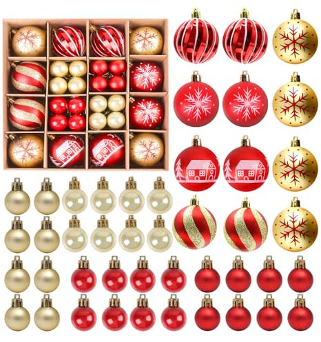 PEMOTech Weihnachtskugeln Plastik (44 Stücke,8cm&5cm), Christbaumkugeln Weihnachtsbaum Dekoration Set mit Aufhänger(Rot&Gold), Plastik Ornament Weihnachten Deko, Mehrweg Weihnachtsdeko.