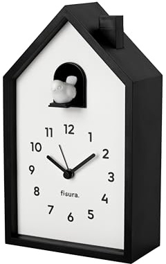 Fisura – Kuckuckswecker Häuschen schwarz-weiß. Originaler analoger Wecker mit Zeigern, Snooze-Taste und Licht. Betrieb: 3 AA-Batterien (Nicht enthalten)