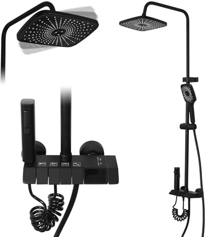 Dnkelar Duschsystem, Regendusche Duschsystem mit Armatur, Duscharmatur Komplettset, mit Brause Duschkopf mit Schlauch, ohne Thermostat (Schwarz)