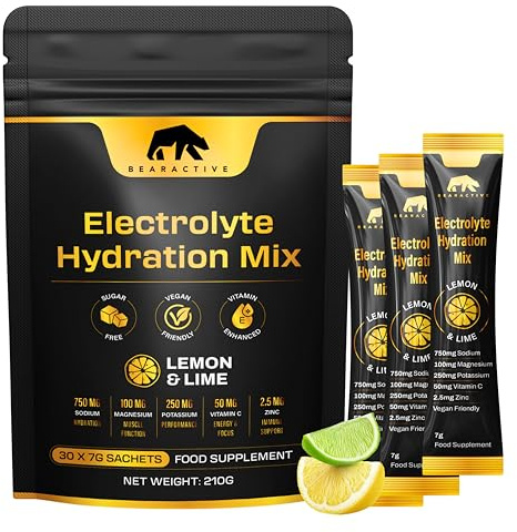Bearactive Electrolytes Powder Sachets – Sugar-Free Hydration & Rehydration Drink – Lemon Lime Flavour – Electrolytes Sachets with Vitamins C & B12 - Vegan (30 Servings (Pack of 1), Lemon & Lime)