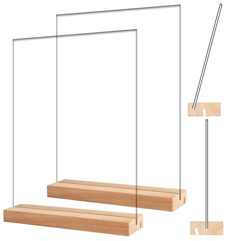 A4 Acrylic Sign Holder with Wood Base, Vertical and Slant Clear Perspex Display Stand for Office Store Restaurant, 2 Pack Stands Display Holder for Brochure, Flyer, Menu, Paper, Poster, Display