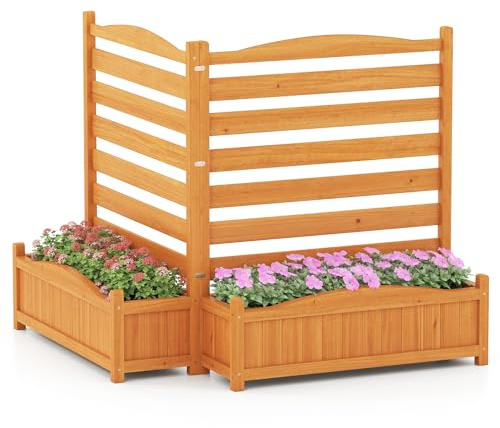 HAPPYGRILL Air Conditioner Fence, 2 Panel Outdoor Privacy Screen with Planter Box, Wood Privacy Fence for AC Unit, No-Dig Kit, Trash Can Pool Equipment Enclosure for Patio Backyard, 34 W x 40 H