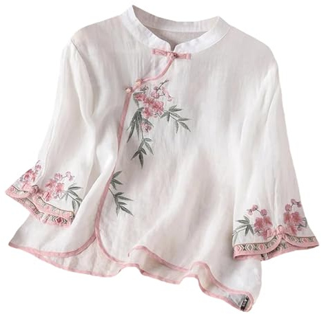 Camisas de algodón y lino de manga 3/4 para mujer, blusa tradicional con botones de rana china, cuello mandarín, blusa de verano