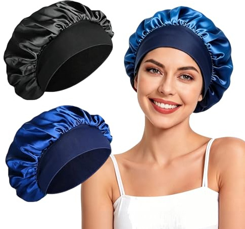 2 Pièces Bonnet Satin Cheveux Nuit, Bonnet Soie Cheveux Nuit, Bonnets Satin en Soie Souple et Éllastiquepour, pour Cheveuxs Bouclés et Longs Bouclés, Respirant