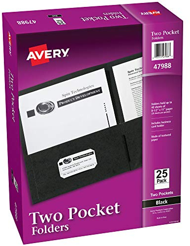 Avery Two Pocket Folders, Holds up to 40 Sheets, Business Card Slot, 25 Black Folders (47988)
