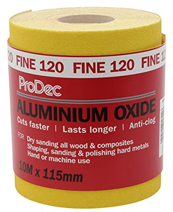 ProDec Rollo de 10m de papel de lija abrasivo de óxido de aluminio amarillo de grano fino 120 para lijar madera, pintura, yeso, masilla, metal y más, 115mm de ancho Compatible con lijadoras a máquina