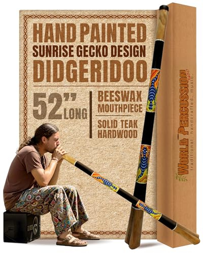 Solid Wood Didgeridoo 52 Long, Beeswax Mouthpiece, Hand Painted Sunrise Gecko Design, Key of C-E, Durable Clear Lacquer Finish by World Percussion USA
