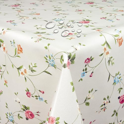Wachstuch Wachstischdecke Gartentischdecke Blumen Beige Rechteckig 120 x 220 cm abwaschbare Tischdecke