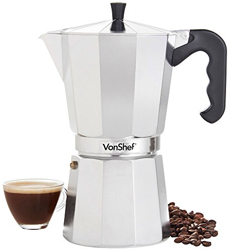 VonShef Cafetière Italienne - Cafetière Moka en Aluminium 12 Tasses - Pour Cuisinière à Gaz et Électrique - 600 ml - Joint et Filtre de Remplacement Inclus