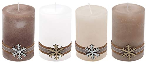 ZauberDeko 4 Adventskerzen Kerzen Stumpenkerzen Holz Schneeflocke Weihnachten Advent Deko, Unparfümiert