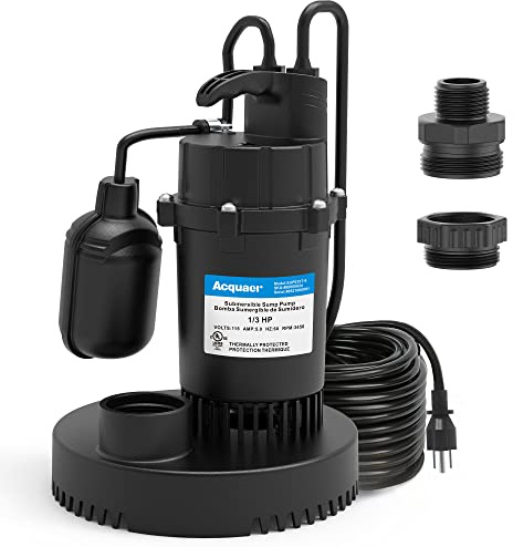 Acquaer Sump Pump Submersible Clean/Dirty Water Pump with Adjustable Float Switch for Garden Pool, Basement, Flooded House, Hot Tub and Irrigation, 1/3HP 3040GPH