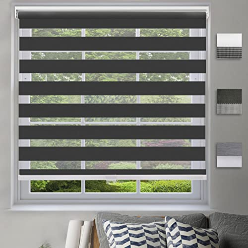 Cordless Dual Layer Fabric Zebra Roller Shades,Custom Light Filtering Zebra Blinds,Sheer or Privacy,Room Darkening Horizontal Window Treatment [Black, Size 50 ½W x 40 H] Easy to Install Custom Size