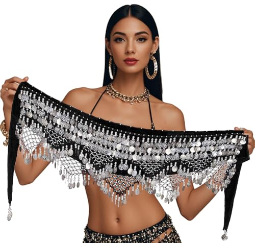 Leemiman Women Triangle Belly Dance Hip Belt with Gold Coins Dance Costume Wrap Skirts (Black with Silver Coins)