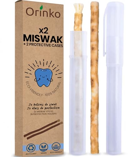 ORINKO Siwak x2 avec 2 Étuis de Protection, Bâton de Miswak en Bois d'Araq (Salvadora Persica), Brosse à Dents Naturelle Nettoyante, Blanchissante, Écologique et Végan