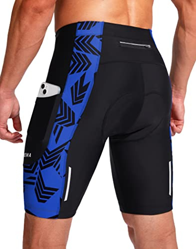 Men's Bike Shorts 3D Padded Cycling Road Biking Underwear Mountain Riding Biker Bicycle UPF 50+ Cycle Shorts Zipper Pockets(Black/Blue Arrow,L)