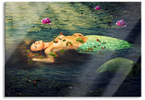 Pixxprint Quadro in vetro | Murale in vero vetro | Sirena sdraiata in acqua | 60 x 40 cm | con sospensione e distanziatore