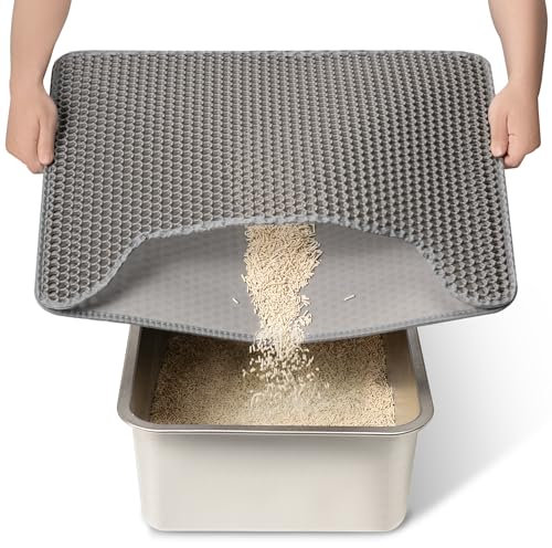 Conlun Katzenstreu Matte, Hochwertige Doppelschicht wasserdichte Katzenmatte, Wabenmuster zur Kontrolle der Streuverteilung, Leichte Reinigung für die Katzenklo Matte（Grau,Mittel,58x42 cm）