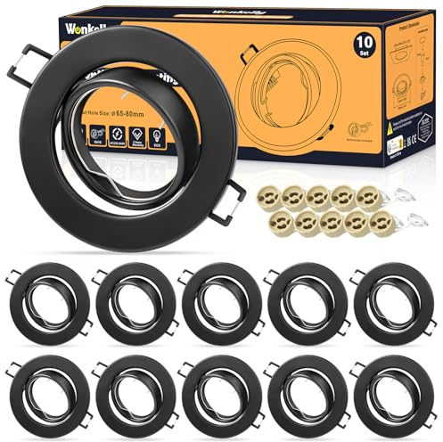 Wonkelly LED Einbaustrahler GU10 Set,(inkl. Fassung), Spot 230V, Lochdurchmesser 68mm, Einbaurahmen In Rund, Schwarz-Gebürstet, 30° Schwenkbar, Einbauspots aus Metall, für Einbaubeleuchtung(10 Stück)