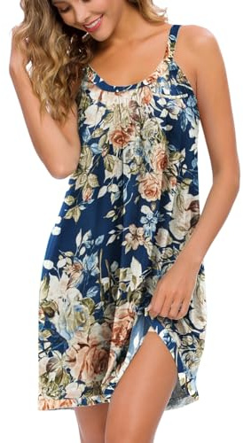 AVIIER Womens Nightgown Soft Cotton Sleeveless Sleep Shirts Wide Strap Nightshirts Full Slip Sleepwear Navy Flower L