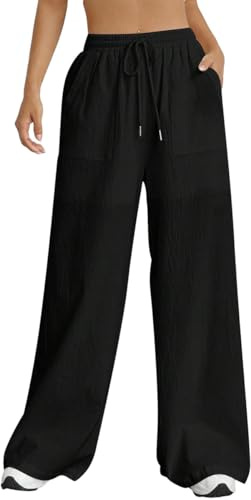Nuofengkudu Verano Pantalones Mujer Anchos Bolsillos Cordón Ajustable Goma Cintura Alta Ligeros Transpirables Liso Cómodos Largo Pantalon Pijama Holgados Yoga Pants Playa Vacaciones Jogger Negro S