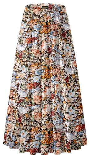 NASHALYLY Women's Chiffon Elastic High Waist Pleated A-Line Flared Maxi Skirts(Coffee Floral,S)