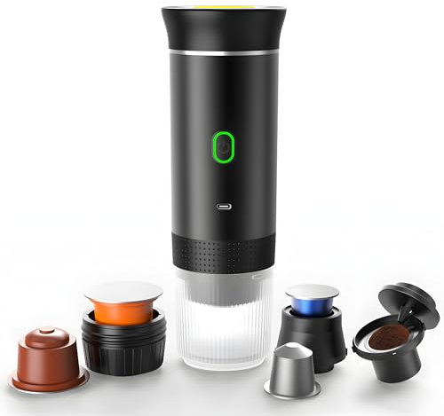 Winwj Tragbare Elektrische Espressomaschine, Akku Kaffeemaschine für Camping Reise, 12v Kaffeemaschine Auto Selbsterhitzung Espressomaschine kompatibel mit gemahlenem Kaffee & NS-Kapsel