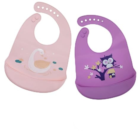 2 paquetes de baberos de silicona para bebé, con bandeja de recogida, sin BPA, diseño de dibujos animados, con 1 lijadora de dientes de silicona, para alimentación de niños pequeños, Rosa Púrpura,