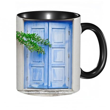 reyawdf Original Tasse mit lustigem Design,Mediterrane Fensterläden die von Bäumen bedeckt sind drucken ein histo,330ml, für Kaffee- und Teeliebhaber, als Geschenk für Weihnachten, Geburtstag und mehr