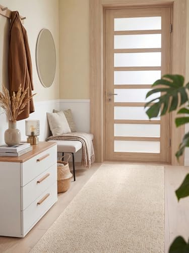 Elle Decoration Rocco - Weicher Flachgewebe Läufer, Maschinen Waschbar, Woll Optik, Langlebig & Nachhaltig, Modern, Skandi Look für Wohnzimmer, Esszimmer, Schlafzimmer, Flur - Creme, 80x240cm