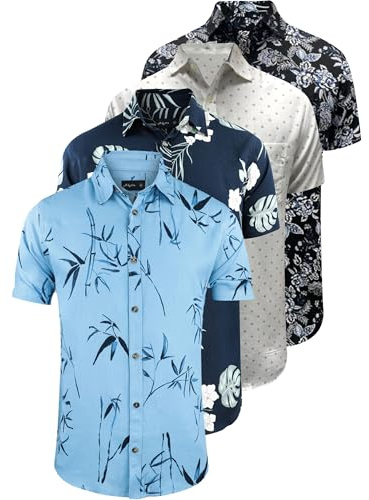WJL WHISPERING JONES LONDON Mens 4 Pack Hawaiian Short Sleeve Beach Holiday Summer Designer Floral Shirt Menswear Printed Top, Pack 1, M