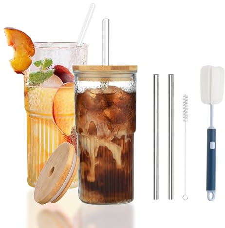 Eidoct Glass Cups with Lids and Straws, Glass Tumbler with Straw and Lid, Mason Jar Drinking Glasses 600ml Iced Coffee Glasses Cup,Water, Cocktail, Whiskey, Soda (2 Pack 22oz)