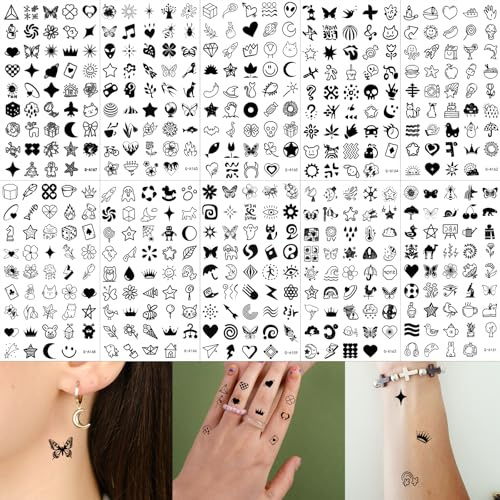 Shimmeroo 10 Sheets 440 PCS Realistic Temporary Tattoos,Tiny Small Tattoo | Cartoon Bohemia Fake Tattoo Stickers for Women Men Finger Hands Black Long Lasting Vintage Tatoos Neck