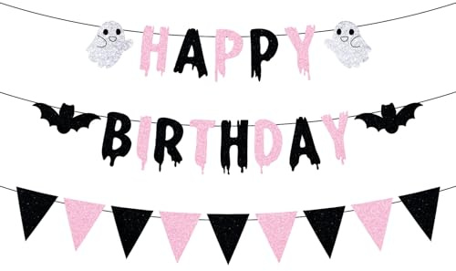 Banderole Joyeux Anniversaire pour Halloween, Toile de Fond Noire et Rose Guirlande en Papier Motif Fantôme Chauve-Souris Triangle Décorations pour Fêtes d'Halloween