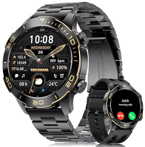 Montre Connectée Homme, Sports/D'affaires, 1,43 AMOLED Écran Smartwatch Homme avec Appel Bluetooth, IP68 Étanche, 170+ Modes Sportifs/Fréquence Cardiaque/Sommeil Compatible Android iOS, Noir Or
