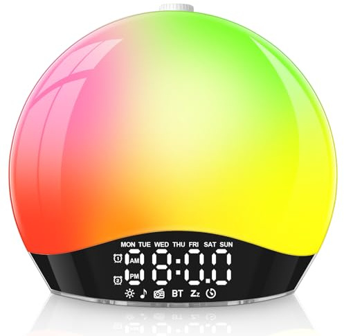 Bawoo Despertador Amanecer Luz Natural 17 Luces de Colores 22 Sonidos Blancos Bluetooth 5.2 2 Alarmas 9 Minutos Snooze 5 Niveles Brillo Temporizador 10-480 Min Para Dormitorio Infantil Adulto(K2)