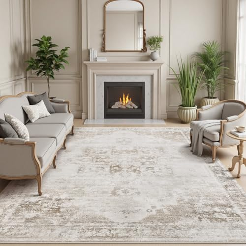 Sour Lemon Moderner Boho Vintage Teppich Wohnzimmer 160x230cm Waschbar Anti-Kunstwolle rutschfest Groß Weich KurzflorTeppich Klein Carpet für Schlafzimmer, Esszimmer, Teppiche Büro Taupe