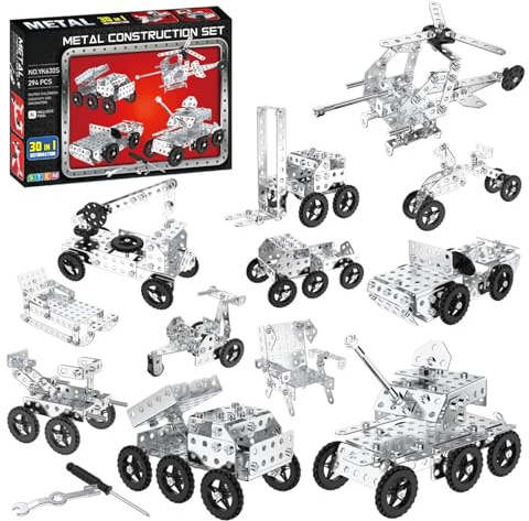 QiLumier Cassetta in metallo – veicolo da cantiere, con 294 componenti, 30 modelli puzzle in metallo 3D, giocattolo da costruzione come regalo