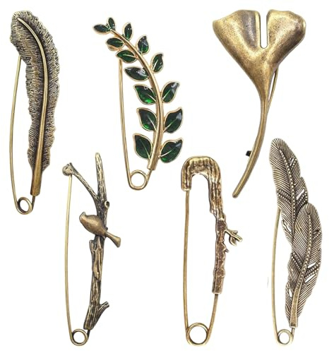 Épinglettes Vintage, 6 Pièces Broches de Revers en Bronze Antique - Forme de Branches, Feuilles et Plumes, Broche de Sécurité pour Hommes et Femmes, Épingles à Nourrice Décoratives pour Vêtements