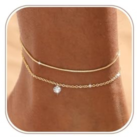 Tasiso Ankle Bracelets for Women 14K Gold/Silver Plated Waterproof Anklets | Adjustable Beaded Chain, Tarnish Free Layered Sparkling Dainty Leg Bracelets Set, Beach Summer Foot Jewelry in Gift Box