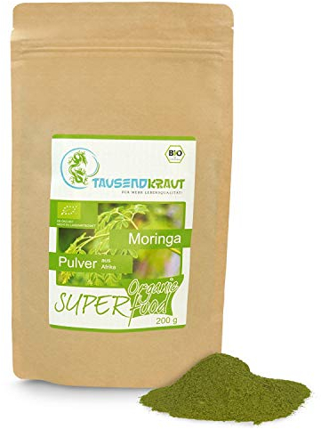 Tausendkraut PREMIUM Moringa Blattpulver - 200g - Superfood - Hohe Produktsicherheit - BIO-zertifiziert - Fairer Anbau und Handel - Nachhaltig und natürlich - Moringa - Deutsches Unternehmen