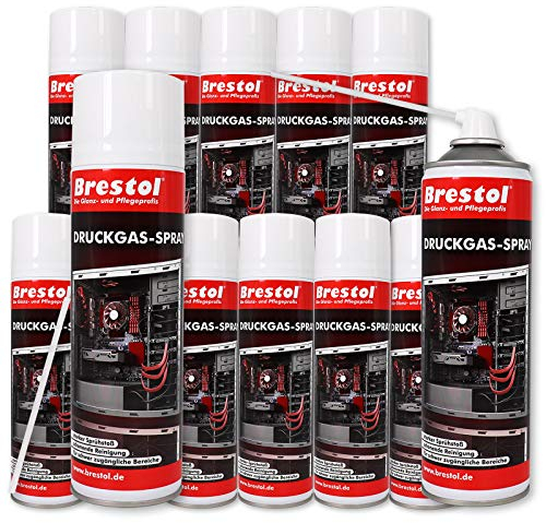 Brestol Druckluftspray 12x 500 ml mit Sprühverlängerung ideal zur Tastaturreinigung, Druckerreinigung, PC-Gehäusereinigung, Entstaubung von Lüftern, Serverreinigung Druckgasspray