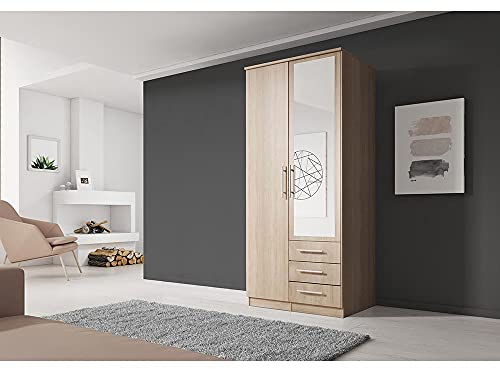 Fabryka Mebli Idźczak Kleiderschrank mit Spiegel, 2 Türen, 3 Schubladen - Drehtürenschrank - Schlafzimmerschrank - 61 x 100 x 207 cm - Wohnzimmerschrank - Garderobenschrank, Sonoma Schrank