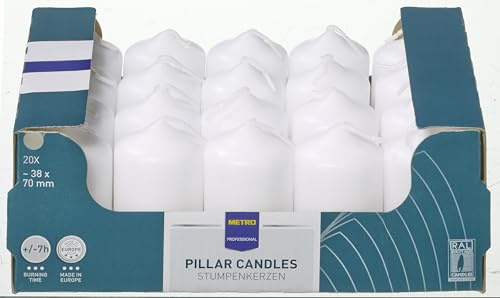 METRO Professional Stumpenkerzen 70 x Ø 38 mm, 20 Stück, Brenndauer: ca. 7-9 Stunden, 100% Paraffin, für Haushalt, Feiern und Gastronomie, weiß