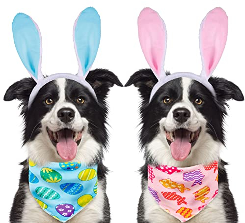 Whaline Hundehalstücher und 2 Stück Osterhasenohren-Haarreif, rosa-blau, Osterhasen-Ei, Dreieck, Hunde-Lätzchen, Hundeschal, Kaninchenohren, Haustier-Stirnband für Katze, Hund, Kostüm-Zubehör, 2