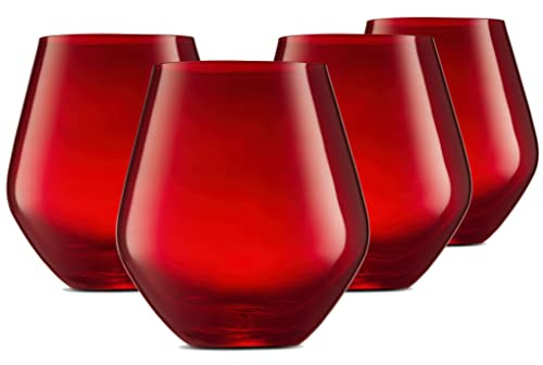 Godinger Wine Glasses, Stemless Wine Glasses, Red Wine Glasses, Drinking Glasses, Christmas Decor, Holiday Decor Stemless Wine Glass, Made in Europe - Red Glasses, 17oz, Set of 4