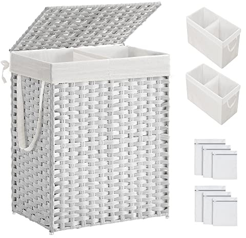 SONGMICS Panier à Linge 90 L Avec Couvercle, 2 Sacs à Doublure Amovible, 6 Sacs en Maille, en Osier, Double Pour Salle de Bain, 33 x 45,7 x 60,1 cm
