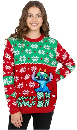 Disney Stitch Jersey de Navidad para Niñas, Suéter con Cuello Redondo (Rojo, 7-8 años)