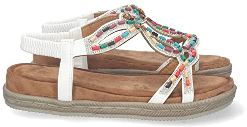 shoes&blues.es 73969 Sandalia Plana para Mujer, Comoda, Tiras con Detalles de Colores, y Cierre Elastico en el Talon Blanco Talla 39