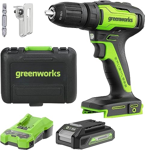 Greenworks Trapano avvitatore a batteria da 24 V, 35 Nm, motore senza spazzole, 18 livelli di coppia, mandrino da 13 mm, cambio a 2 marce, batteria da 2 Ah e caricatore, valigetta