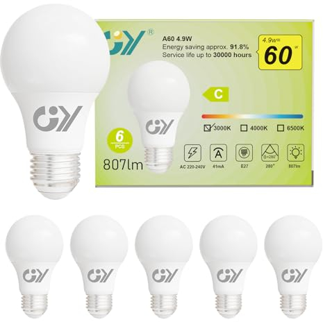 GY E27 Led Warmweiss Glühbirne, 4.9W 807LM Energiesparlampe, Ersetzt 60W lampen, Energieeffizienzklasse C, A60 Led Warmweiß, Abstrahlwinkel 280°Leuchtmittel, Nicht Dimmbar, 6 Stück